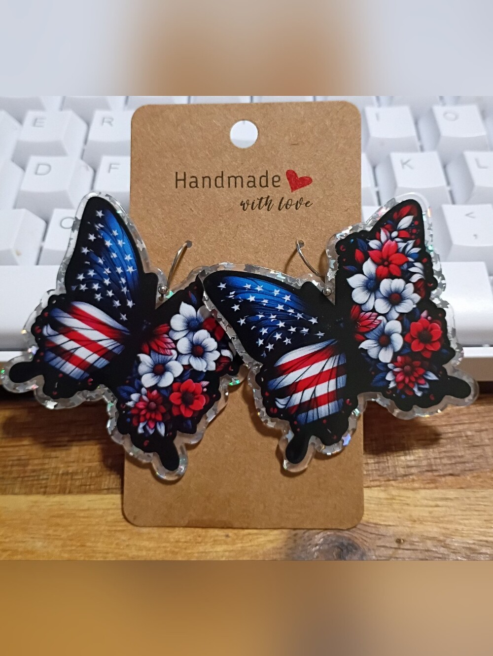 Large American Patriotic Floral Butterfly Earrings - Red, White & Blue